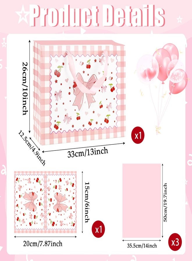 MUNILAIL 13 Inches Pink Bow Gift Bag Bow Cherry Gift Bag with Handle Tissue Paper and Greeting Card for Girls Birthday Party Baby Shower Large Paper Gift Bag - Image 2